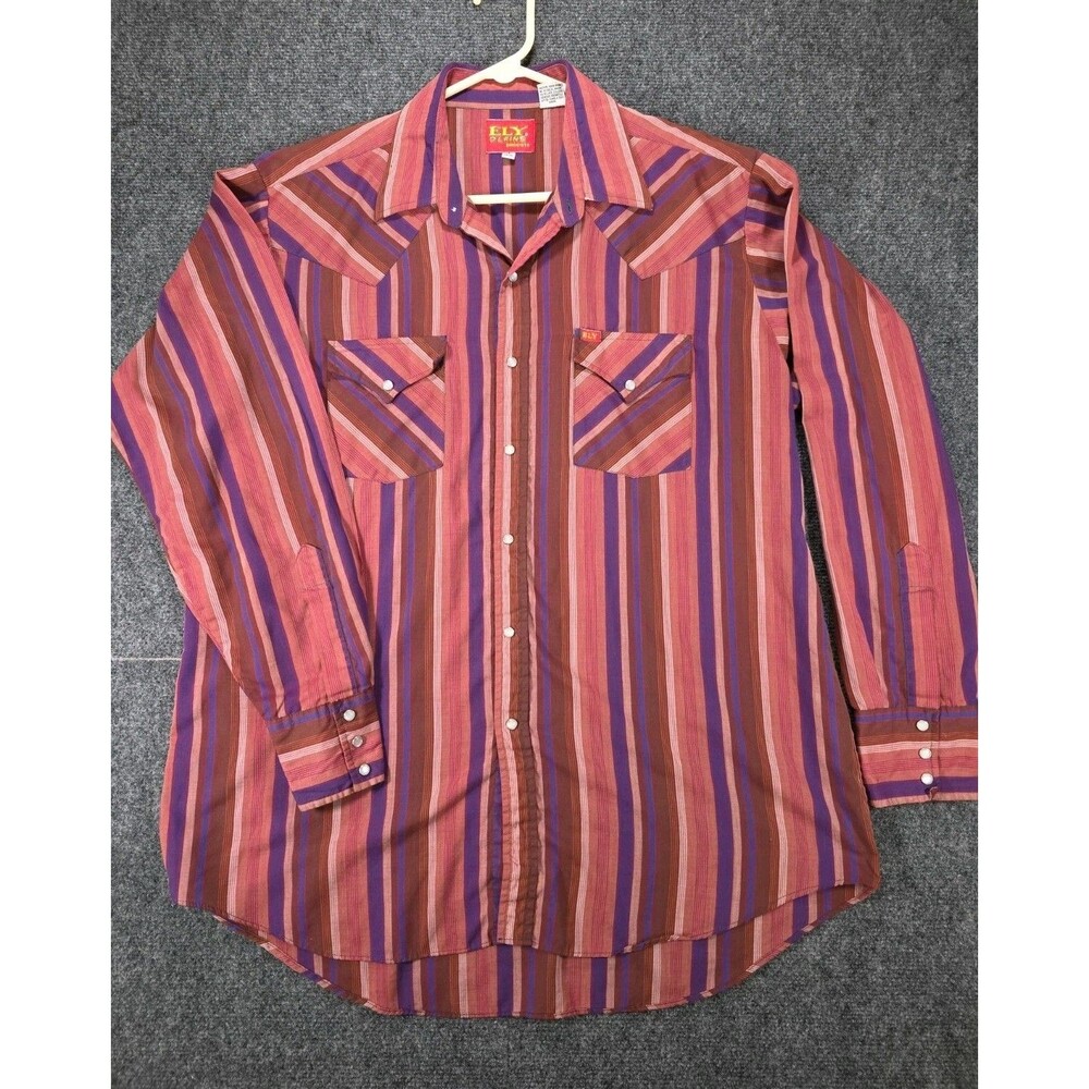 Ely Plains Western Snap Button  Shirt Large Pink/Purple Striped Double Pocket